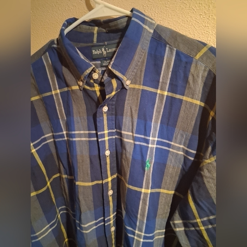 Vintage RALPH LAUREN Blaire 100% Cotton BUTTON DWN Blue Yellow L - Picture 2 of 7